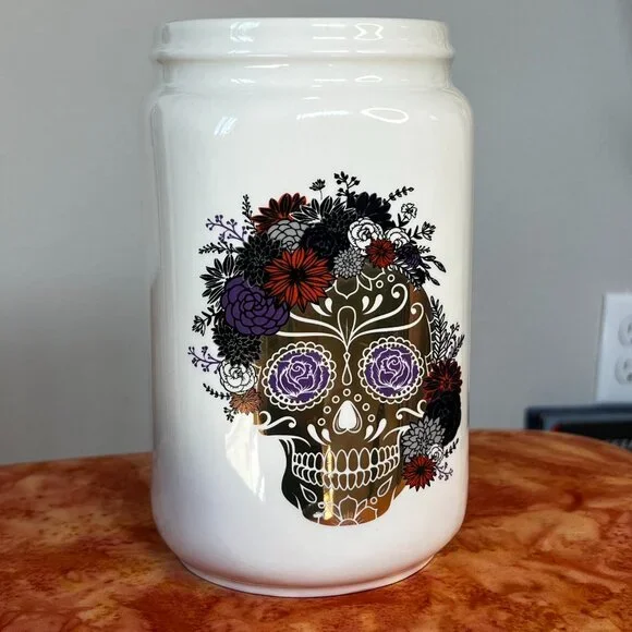 Ivory Gold Sugar Skeleton Vase Canister With Multi-Color Floral - Picture 2 of 11